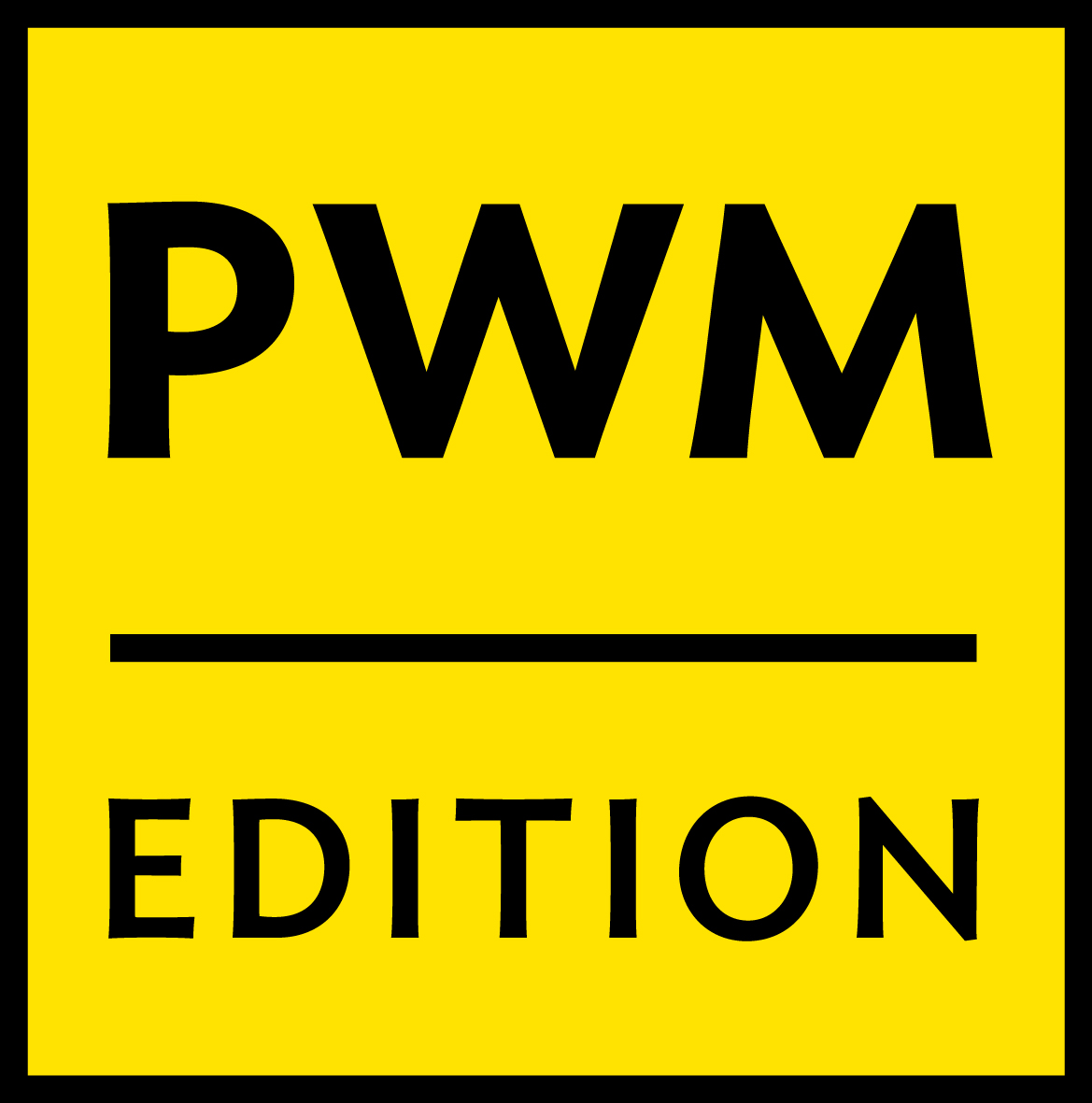 logotyp Polskiego Wydawnictwa Muzycznego - czarne litery nazwy wpisane w żółte, kwadratowe tło
